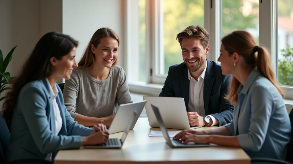 Groep collega's in open kantoor, zittend aan tafel met laptops, vrolijk in gesprek