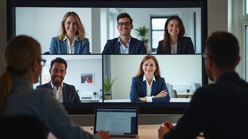 Team in videovergadering, vier personen zichtbaar op groot scherm, mix van thuis- en kantoorsituaties